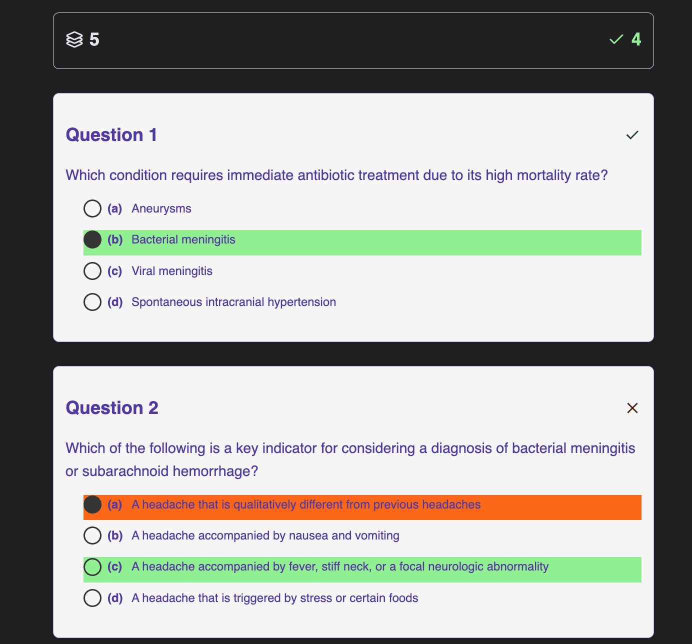 Sample quiz results.